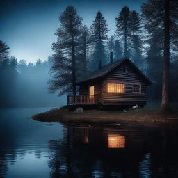 A horror film themed image featuring an old log cabin in the woods by a beautiful lake at night