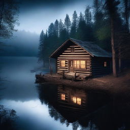 A horror film themed image featuring an old log cabin in the woods by a beautiful lake at night