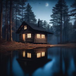 A horror film themed image featuring an old log cabin in the woods by a beautiful lake at night