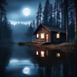 A horror film themed image featuring an old log cabin in the woods by a beautiful lake at night