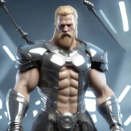 A tall figure with a slim muscular build, pale skin, thick blonde hair, and a thick beard