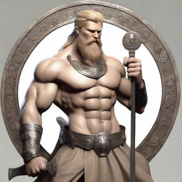 A tall figure with a slim muscular build, pale skin, thick blonde hair, and a thick beard