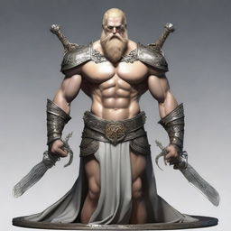 A tall figure with a slim muscular build, pale skin, thick blonde hair, and a thick beard