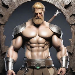 A tall figure with a slim muscular build, pale skin, thick blonde hair, and a thick beard