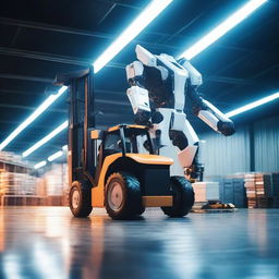 A powerful scene showing a forklift transforming into a sleek, white transformer robot