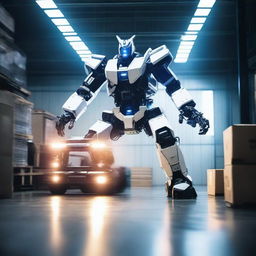 A powerful scene showing a forklift transforming into a sleek, white transformer robot