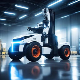 A powerful scene showing a forklift transforming into a sleek, white transformer robot