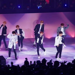 The BTS group, South Korean boy band, presenting a dynamic stage performance with light, color, and energy.