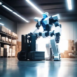 A powerful scene showing a forklift transforming into a sleek, white transformer robot