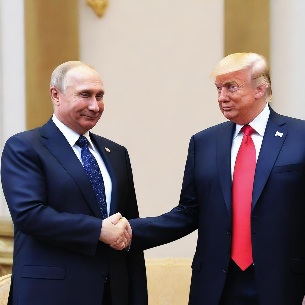 Vladimir Putin and Donald Trump sharing a celebratory dap in a neutral setting