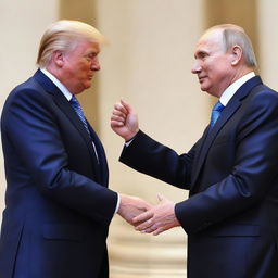 Vladimir Putin and Donald Trump sharing a celebratory dap in a neutral setting