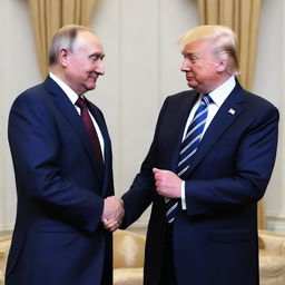 Vladimir Putin and Donald Trump sharing a celebratory dap in a neutral setting