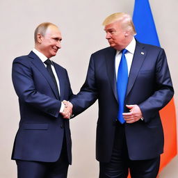 Vladimir Putin and Donald Trump sharing a celebratory dap in a neutral setting