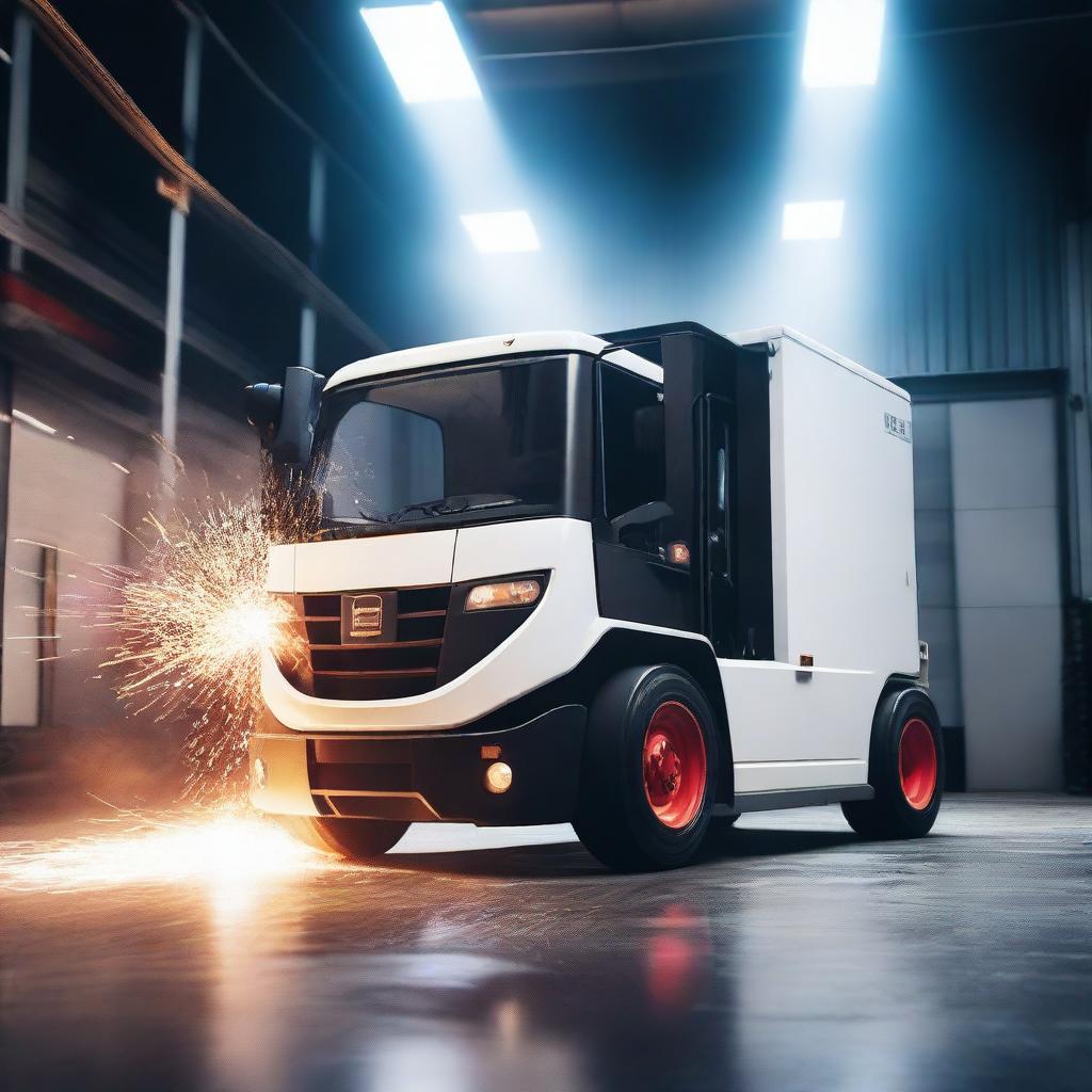 A powerful scene showing the transformation of a forklift into a white van transformer