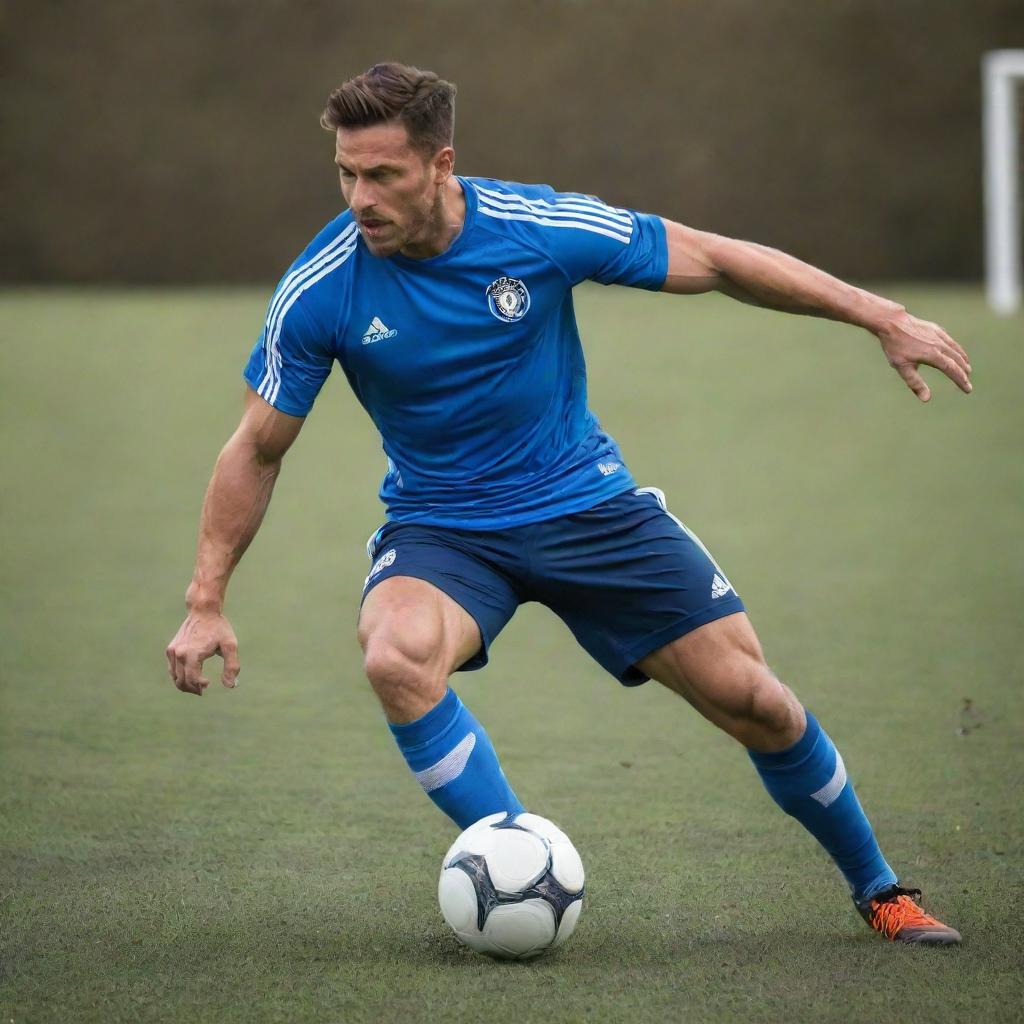 A muscular soccer player in dynamic action on the field, showcasing his strength and agility.