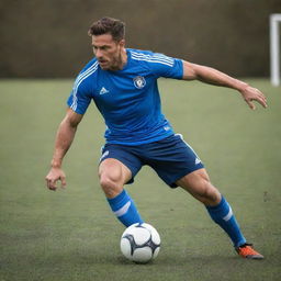 A muscular soccer player in dynamic action on the field, showcasing his strength and agility.