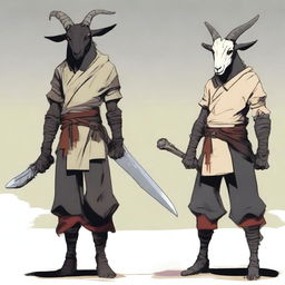 A main character with glowing red eyes, standing behind them is a figure at 5'3 with a slight back arch, ash-gray skin, charcoal black hair, and two sand brown horns atop his head