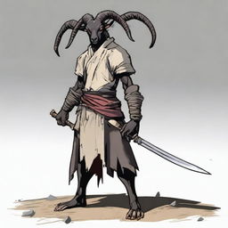 A main character with glowing red eyes, standing behind them is a figure at 5'3 with a slight back arch, ash-gray skin, charcoal black hair, and two sand brown horns atop his head