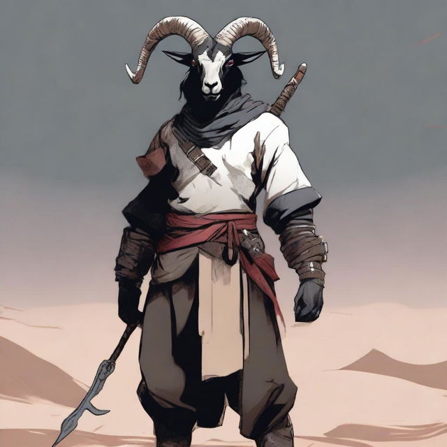 A main character with glowing red eyes, standing behind them is a figure at 5'3 with a slight back arch, ash-gray skin, charcoal black hair, and two sand brown horns atop his head