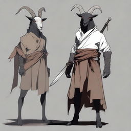 A main character with glowing red eyes, standing behind them is a figure at 5'3 with a slight back arch, ash-gray skin, charcoal black hair, and two sand brown horns atop his head