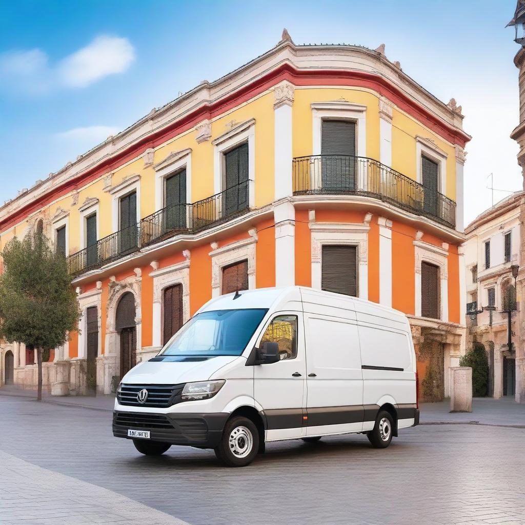 A white Volkswagen Crafter cargo van parked in a vibrant Valencian city street