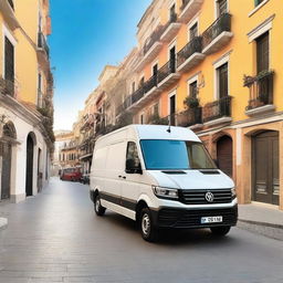 A white Volkswagen Crafter cargo van parked in a vibrant Valencian city street