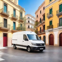 A white Volkswagen Crafter cargo van parked in a vibrant Valencian city street