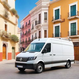 A white Volkswagen Crafter cargo van parked in a vibrant Valencian city street