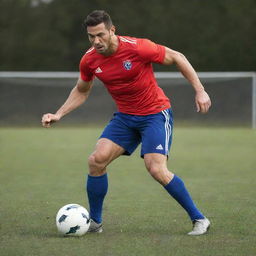 A muscular soccer player in dynamic action on the field, showcasing his strength and agility.