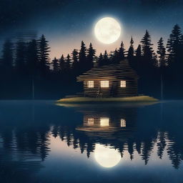 A very old log cabin in the woods near a lake, illuminated by the moonlight