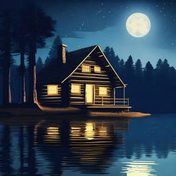 A very old log cabin in the woods near a lake, illuminated by the moonlight