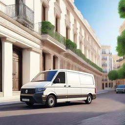 A realistic 4K image of a white VW Crafter cargo van in a Valencian city