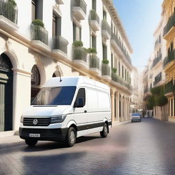 A realistic 4K image of a white VW Crafter cargo van in a Valencian city