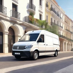 A realistic 4K image of a white VW Crafter cargo van in a Valencian city