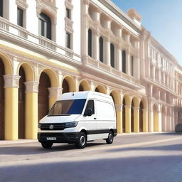 A realistic 4K image of a white VW Crafter cargo van in a Valencian city