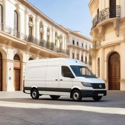 A white Volkswagen Crafter cargo van parked in a Valencian cityscape