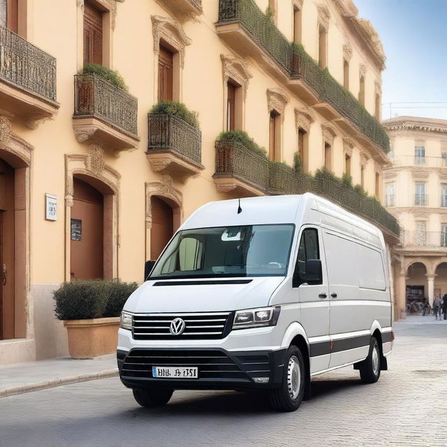 A white Volkswagen Crafter cargo van parked in a Valencian cityscape