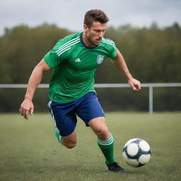 A muscular soccer player in dynamic action on the field, showcasing his strength and agility.