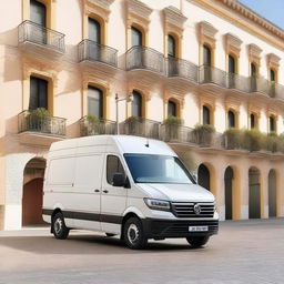 A white Volkswagen Crafter cargo van parked in a Valencian cityscape