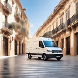 A white Volkswagen Crafter cargo van parked in a Valencian cityscape