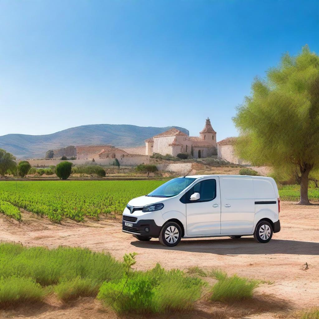 A picturesque countryside scene in Valencia featuring a white Toyota Proace City