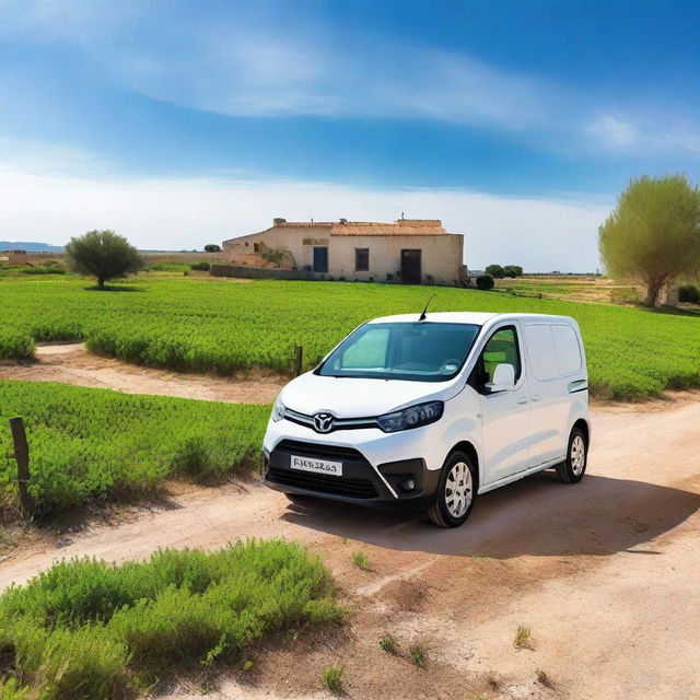 A picturesque countryside scene in Valencia featuring a white Toyota Proace City