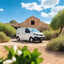 A picturesque countryside scene in Valencia featuring a white Toyota Proace City