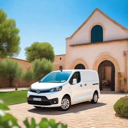 A picturesque countryside scene in Valencia featuring a white Toyota Proace City