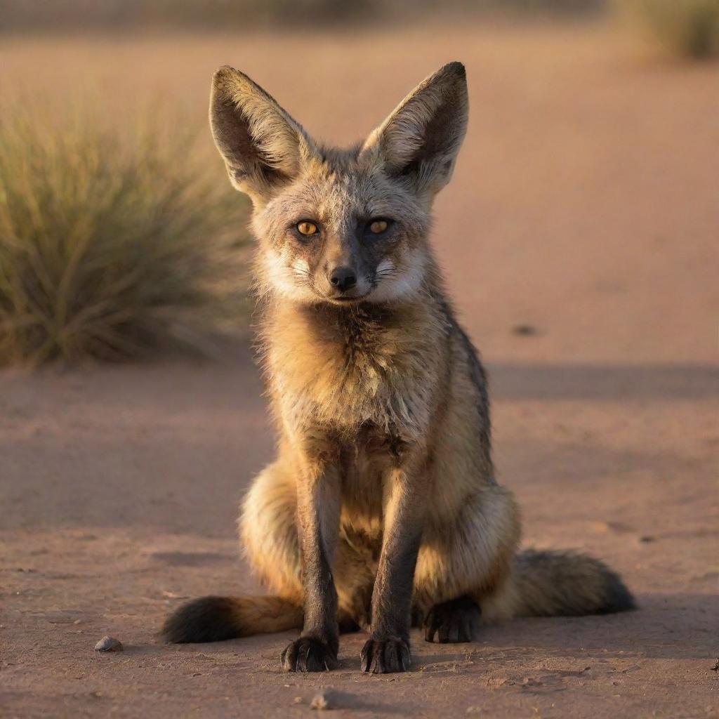 A bat-eared fox therian, with striking golden eyes and a lively posture. It's bathing in the soft glow of the setting sun, surrounded by the lively terrain of an African savanna.