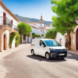 A white Toyota Proace City driving through a picturesque countryside town in Valencia, Spain