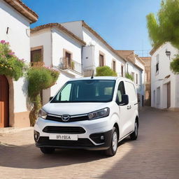 A white Toyota Proace City driving through a picturesque countryside town in Valencia, Spain