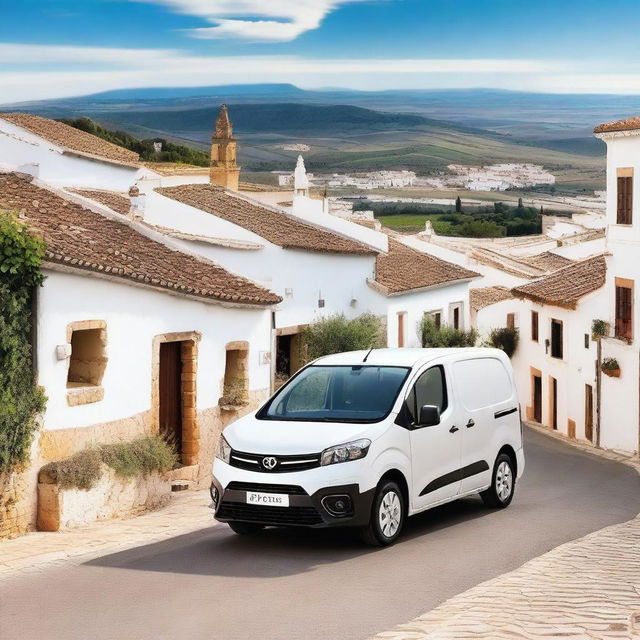 A white Toyota Proace City driving through a picturesque countryside town in Valencia, Spain