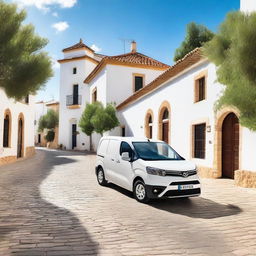 A white Toyota Proace City driving through a picturesque countryside town in Valencia, Spain