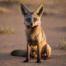 A bat-eared fox therian, with striking golden eyes and a lively posture. It's bathing in the soft glow of the setting sun, surrounded by the lively terrain of an African savanna.